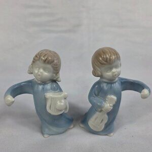 TWO Vintage Ceramic Candle Huggers Blue & White Children with Instruments